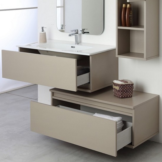 Suspended modern bathroom furniture model Maya cm90 in 2 colors with freestanding drawers and mirror