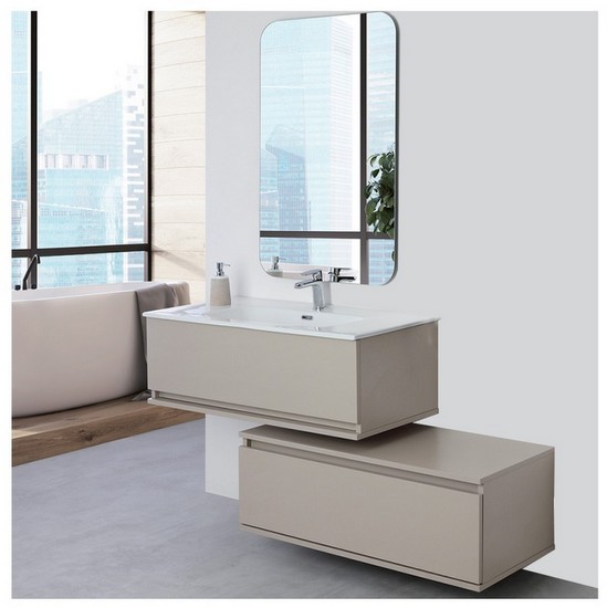 Suspended modern bathroom furniture model Maya cm90 in 2 colors with freestanding drawers and mirror