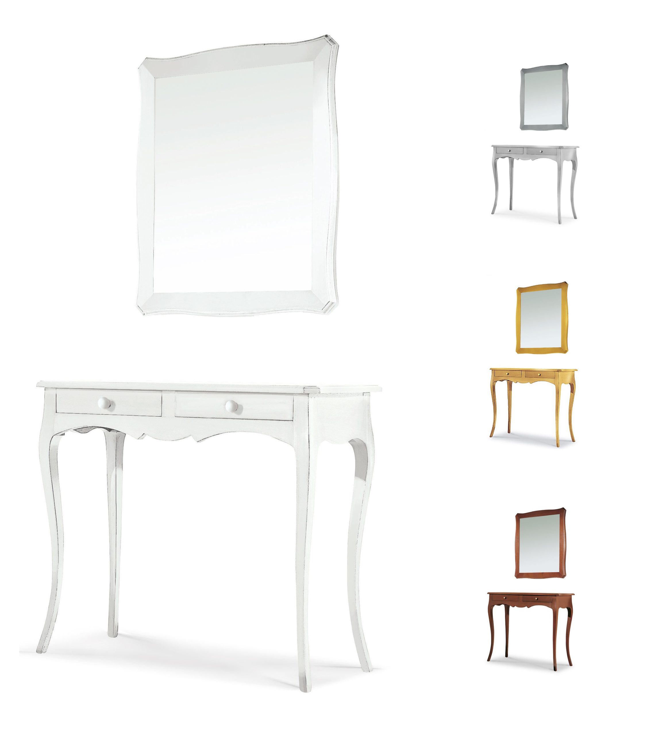 Arredo modello Marilyn consolle stile classico con specchiera color bianco opaco noce lucido oro e argento