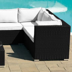 Set da esterno Elga 253x83 stile moderno composto da un divano angolare e un tavolino in vetro