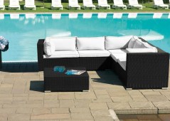 Set da esterno Elga 253x83 stile moderno composto da un divano angolare e un tavolino in vetro