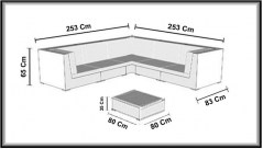 Set da esterno Elga 253x83 stile moderno composto da un divano angolare e un tavolino in vetro