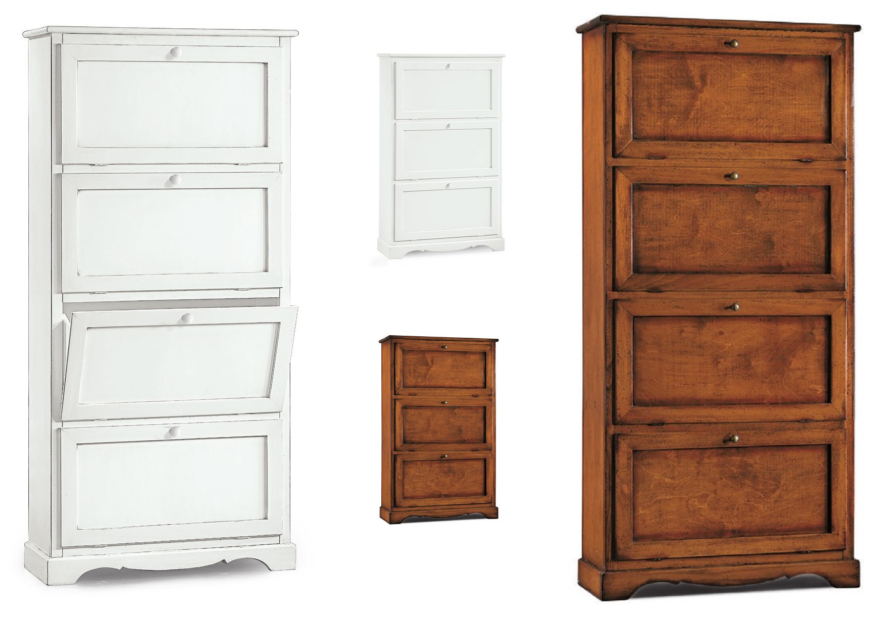 Furniture model Noemi classic design shoe cabinet in matte white and glossy walnut color in different versions and sizes