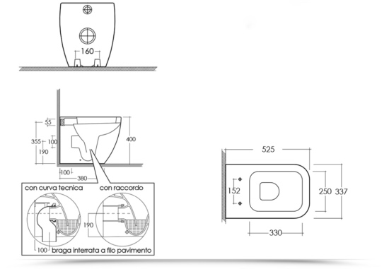 Sanitari filomuro a terra stile moderno curva tecnica inclusa modello Sagittario