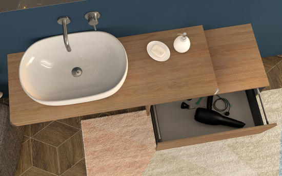 Piano mensola per lavandini d'appoggio in 3 misure bianco, pino sbiancato o rovere tabacco