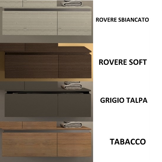 Avril bathroom furniture cm 100+110 120 130 140 150 160 170 200 off-center mineralmarble washbasin soft oak, tobacco, bleached oak, taupe and glossy white