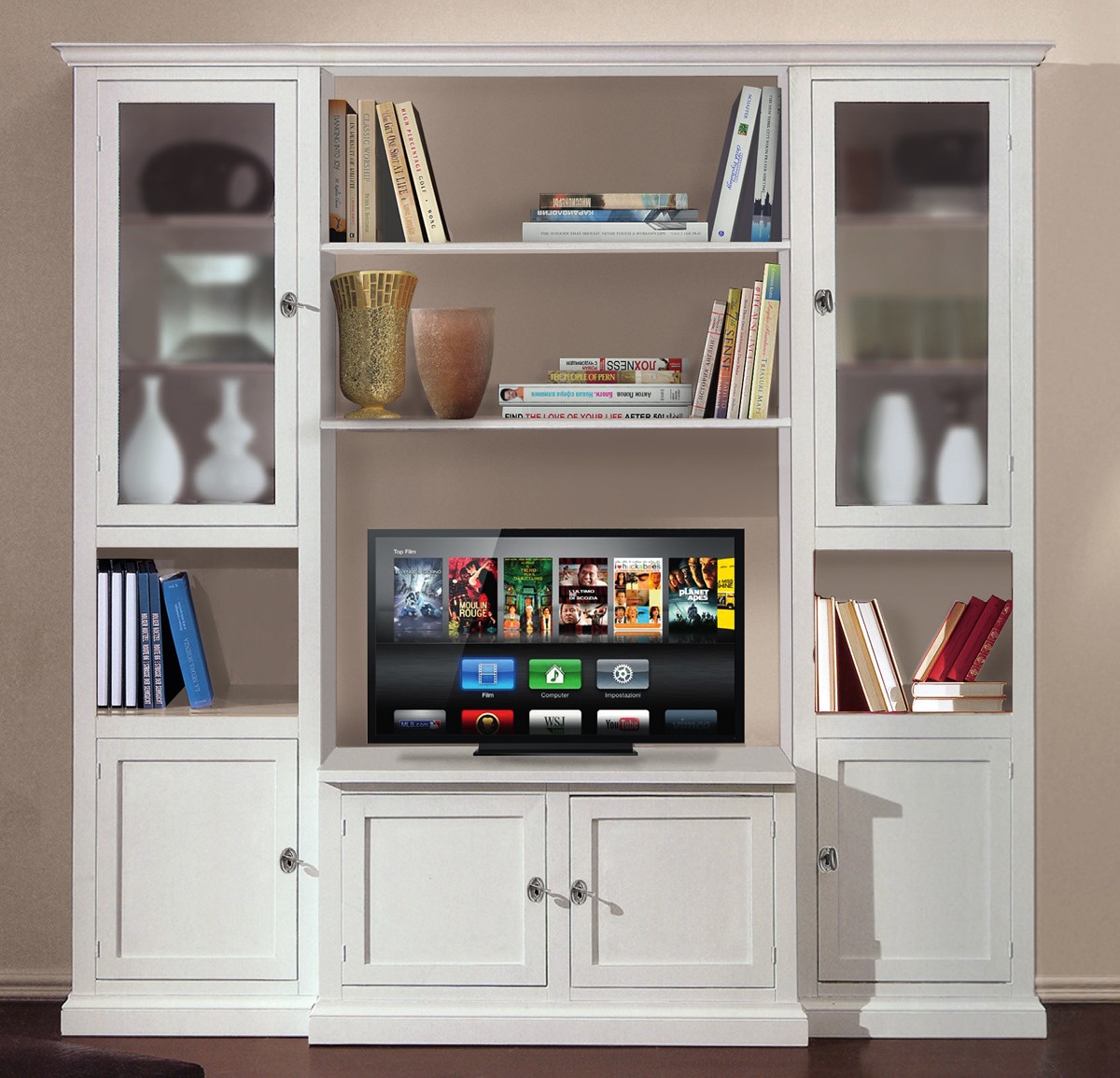 Arredo modello Ines porta televisione con ante 220x50x220h color bianco opaco e noce lucido design classico