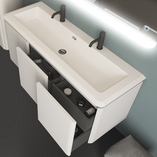 Live 140 cm suspended bathroom furniture in various colours with a matt resin washbasin