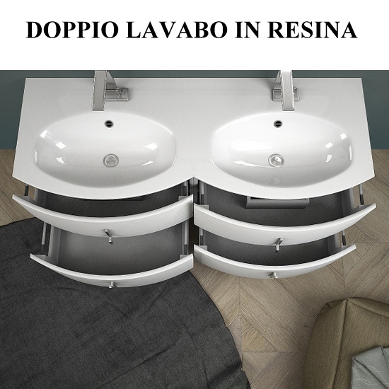 Arredobagno mobile Stiven da 138cm disponibile in 4 colori con doppio lavabo in cristallo o resina