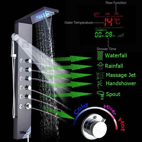 Stainless steel shower panel 20x111x38 cm with hydromassage nozzles available in 6 types MD001