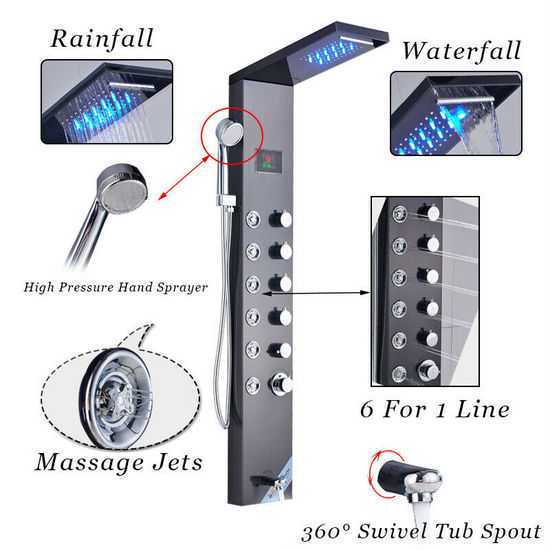 Stainless steel shower panel 20x111x38 cm with hydromassage nozzles available in 6 types MD001