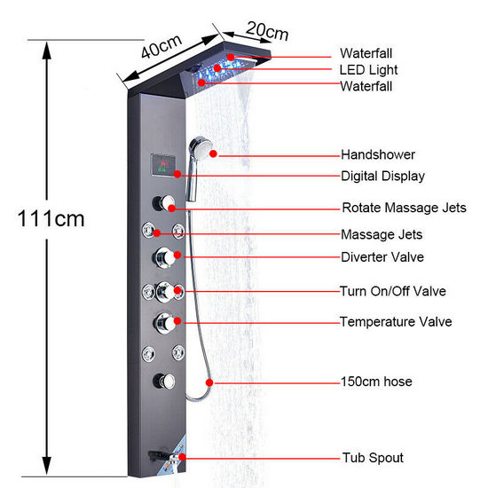 Stainless steel shower panel 20x111x38 cm with hydromassage nozzles available in 6 types MD001