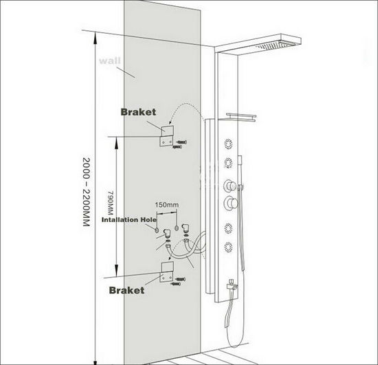 Stainless steel shower panel 20x111x38 cm with hydromassage nozzles available in 6 types MD001