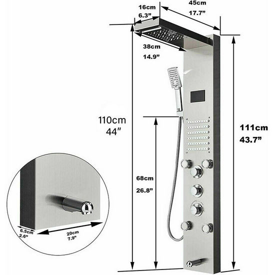 Stainless steel shower panel 20x111x38 cm with hydromassage nozzles available in 6 types MD001