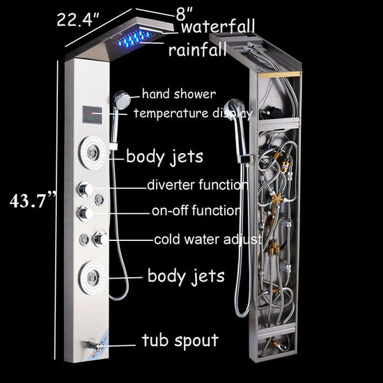 Stainless steel shower panel 20x111x38 cm with hydromassage nozzles available in 6 types MD001