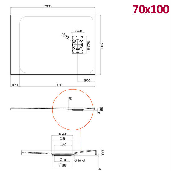 Piatto doccia Glasstone in più dimensioni e adattabile effetto pietra forma rettangolare TA021