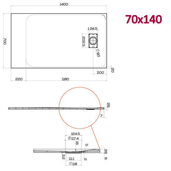 Piatto doccia Glasstone in più dimensioni e adattabile effetto pietra forma rettangolare TA021