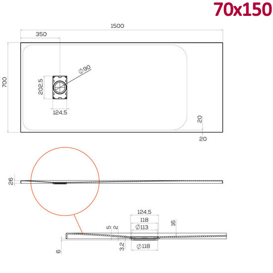 Piatto doccia Glasstone in più dimensioni e adattabile effetto pietra forma rettangolare TA021