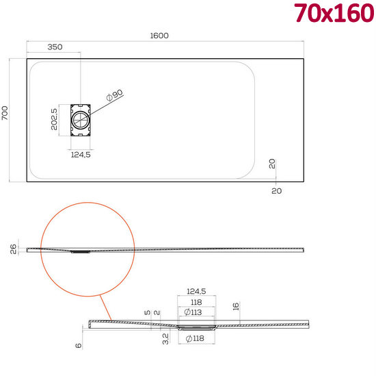 Piatto doccia Glasstone in più dimensioni e adattabile effetto pietra forma rettangolare TA021