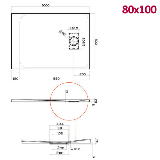 Piatto doccia Glasstone in più dimensioni e adattabile effetto pietra forma rettangolare TA021