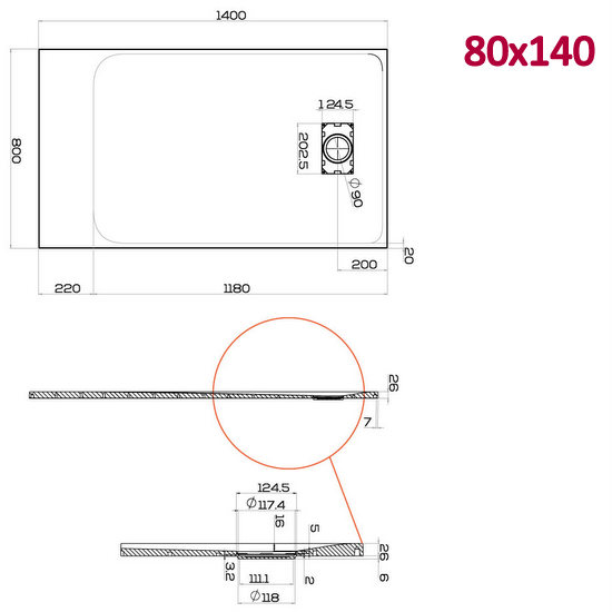 Piatto doccia Glasstone in più dimensioni e adattabile effetto pietra forma rettangolare TA021