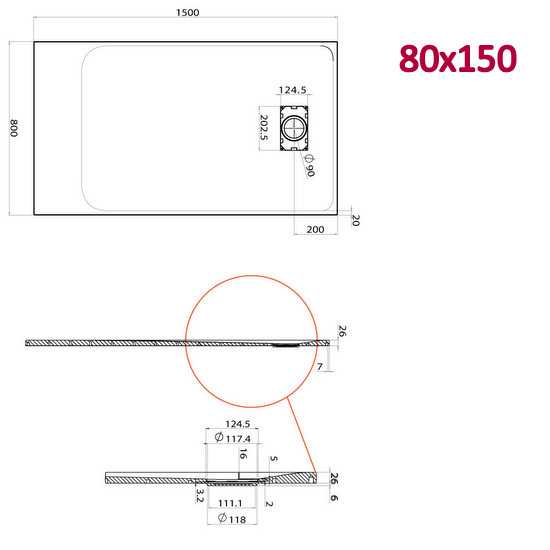 Piatto doccia Glasstone in più dimensioni e adattabile effetto pietra forma rettangolare TA021