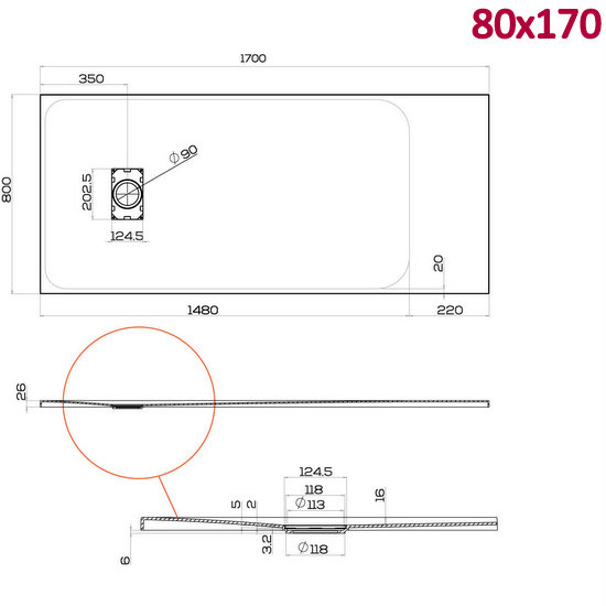 Piatto doccia Glasstone in più dimensioni e adattabile effetto pietra forma rettangolare TA021