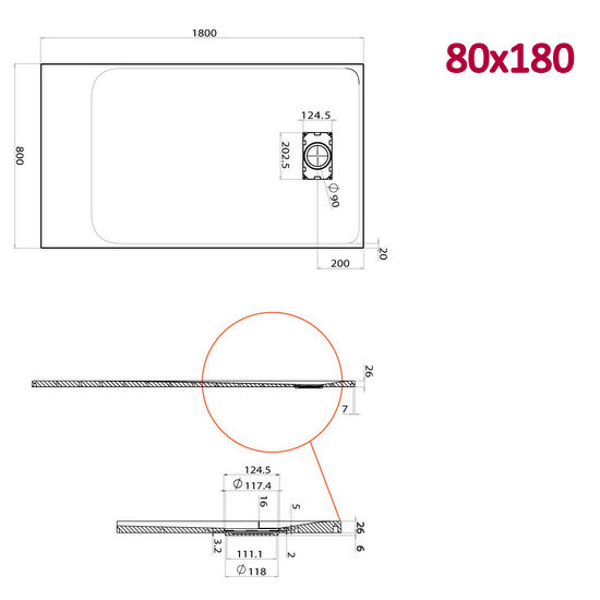 Piatto doccia Glasstone in più dimensioni e adattabile effetto pietra forma rettangolare TA021