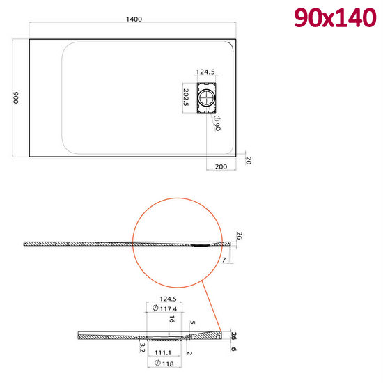 Piatto doccia Glasstone in più dimensioni e adattabile effetto pietra forma rettangolare TA021