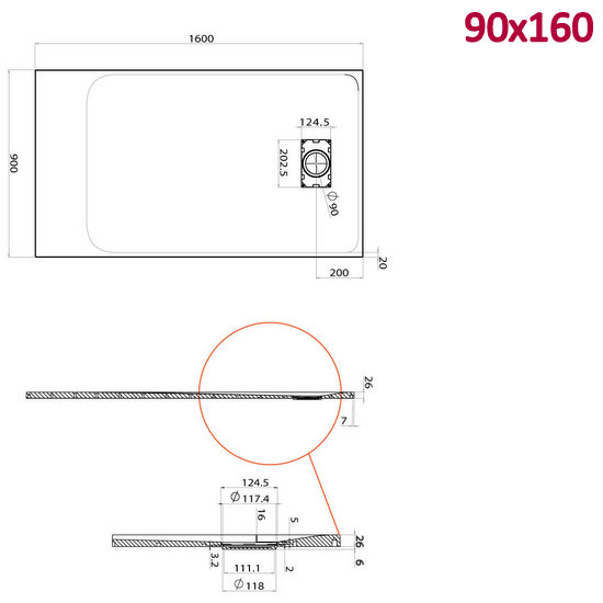 Piatto doccia Glasstone in più dimensioni e adattabile effetto pietra forma rettangolare TA021