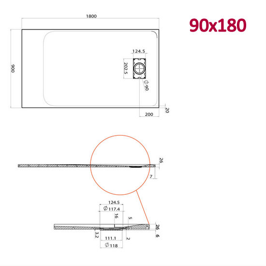 Piatto doccia Glasstone in più dimensioni e adattabile effetto pietra forma rettangolare TA021