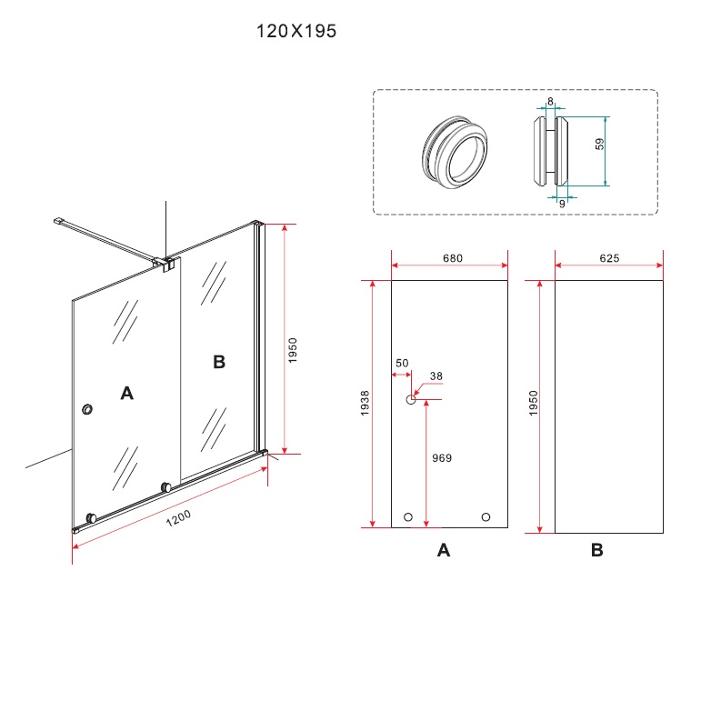 Parete per doccia vetro trasparente 8 mm misure 120 140 160 e 180 cm H200 con anta scorrevole PT29