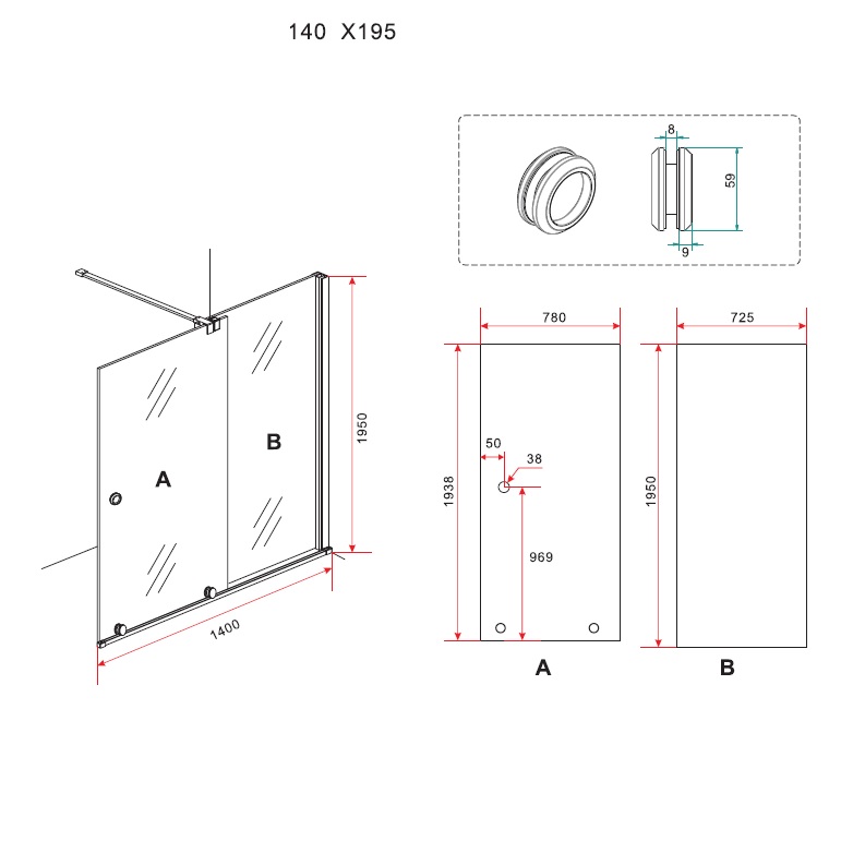 Parete per doccia vetro trasparente 8 mm misure 120 140 160 e 180 cm H200 con anta scorrevole PT29