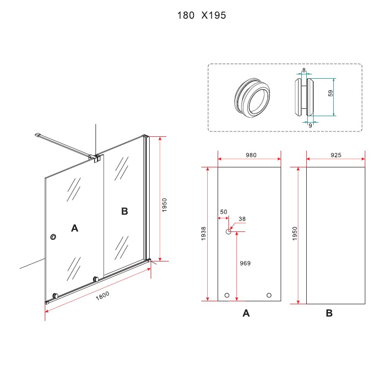 Parete per doccia vetro trasparente 8 mm misure 120 140 160 e 180 cm H200 con anta scorrevole PT29