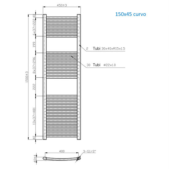 Radiatore scaldasalviette lineare o curvo in due finiture 150 o 180 cm di altezza TEA003