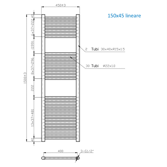 Radiatore scaldasalviette lineare o curvo in due finiture 150 o 180 cm di altezza TEA003