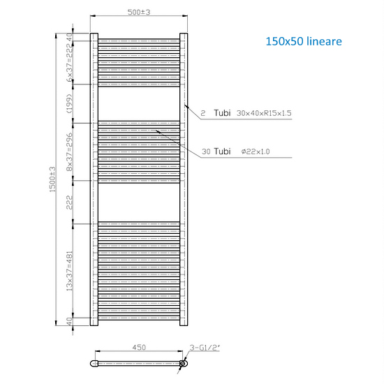 Radiatore scaldasalviette lineare o curvo in due finiture 150 o 180 cm di altezza TEA003