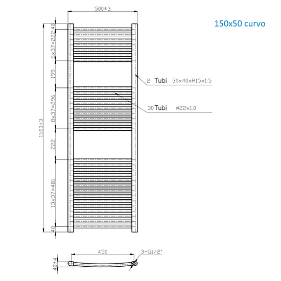 Radiatore scaldasalviette lineare o curvo in due finiture 150 o 180 cm di altezza TEA003