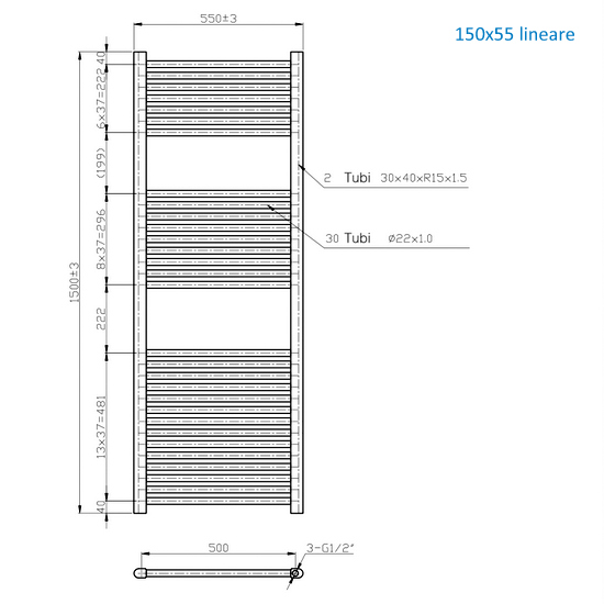 Radiatore scaldasalviette lineare o curvo in due finiture 150 o 180 cm di altezza TEA003