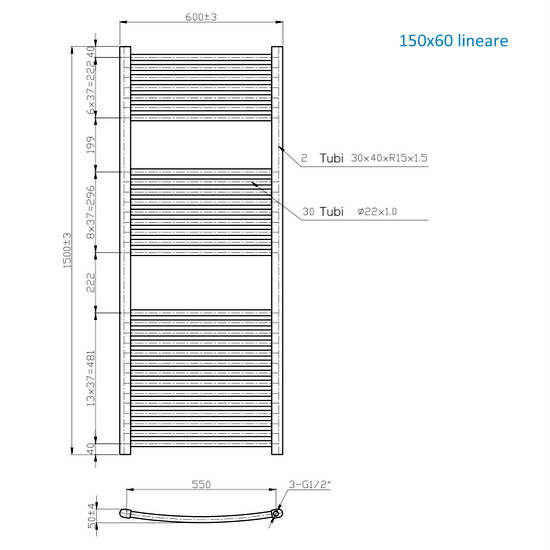Radiatore scaldasalviette lineare o curvo in due finiture 150 o 180 cm di altezza TEA003