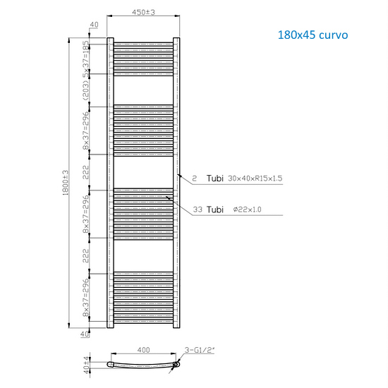 Radiatore scaldasalviette lineare o curvo in due finiture 150 o 180 cm di altezza TEA003