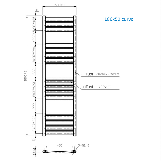 Radiatore scaldasalviette lineare o curvo in due finiture 150 o 180 cm di altezza TEA003