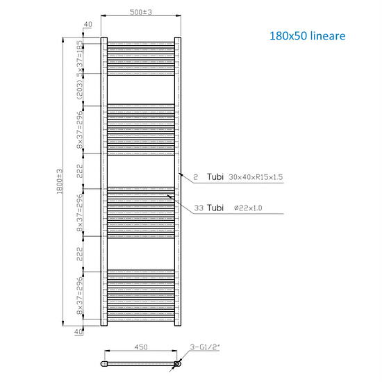 Radiatore scaldasalviette lineare o curvo in due finiture 150 o 180 cm di altezza TEA003