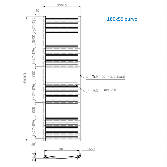 Radiatore scaldasalviette lineare o curvo in due finiture 150 o 180 cm di altezza TEA003