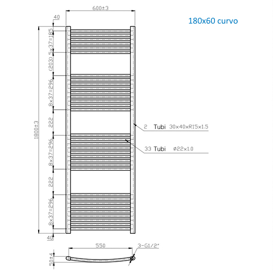 Radiatore scaldasalviette lineare o curvo in due finiture 150 o 180 cm di altezza TEA003