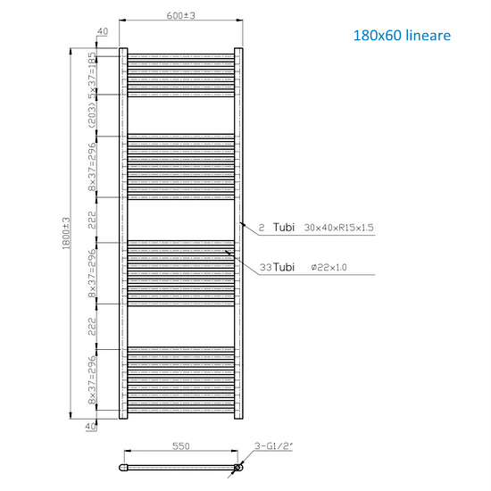Radiatore scaldasalviette lineare o curvo in due finiture 150 o 180 cm di altezza TEA003