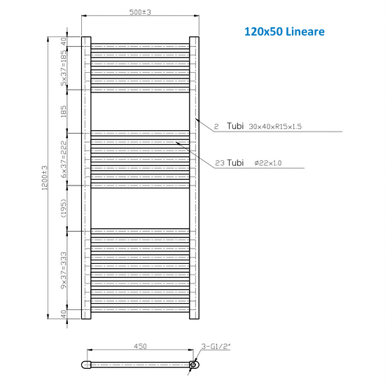 Linear or curved steel tubular radiator color white or chrome 120 cm high TEA002
