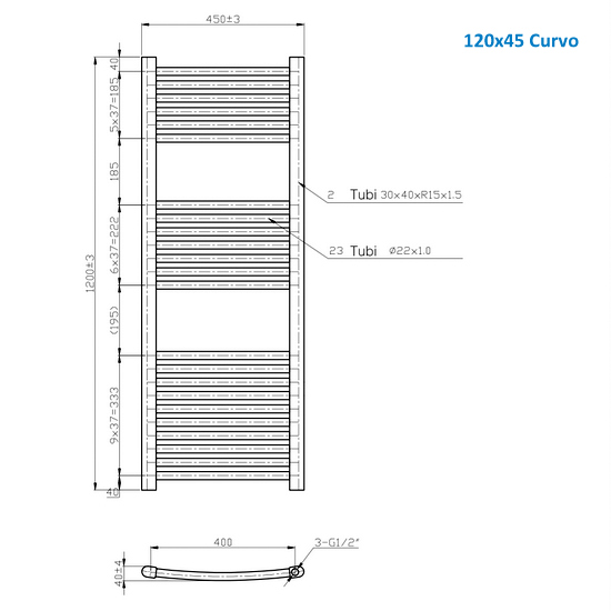 Linear or curved steel tubular radiator color white or chrome 120 cm high TEA002