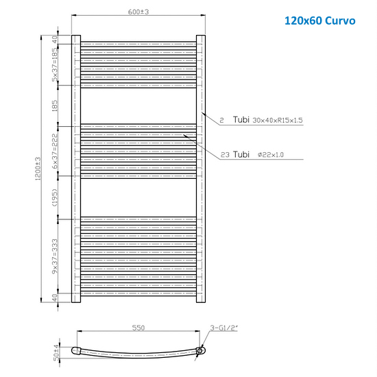 Linear or curved steel tubular radiator color white or chrome 120 cm high TEA002