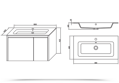 Suspended bathroom furniture model Five 80 cm or 100 cm modern bathroom furniture with mirror in white dove-colored ocean